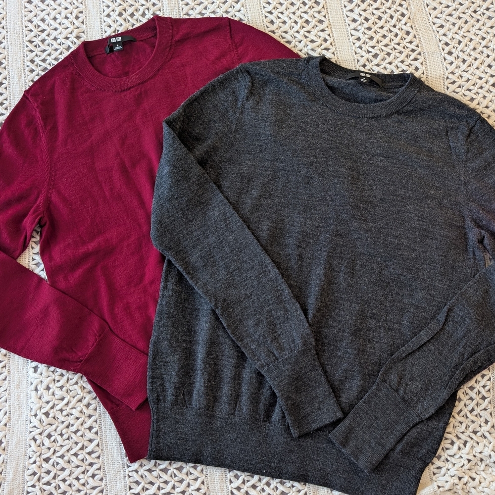 Uniqlo Women's Burgundy and Charcoal MERINO WOOL Crewneck Sweaters